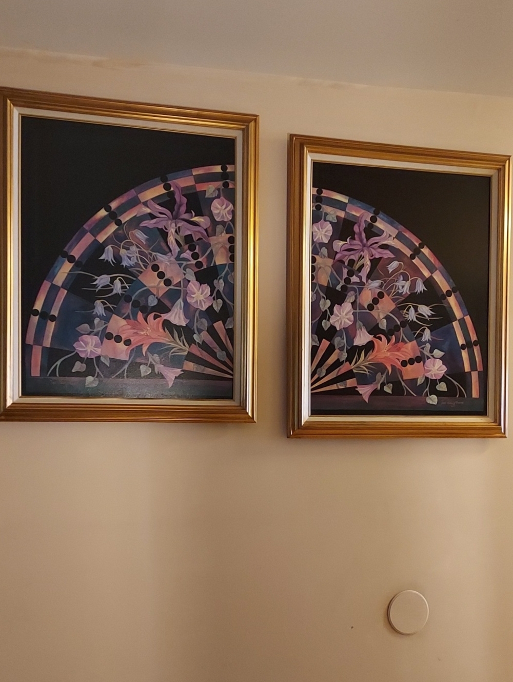 Framed Floral Fan Wall Art - Gold Frame, Black Background 32x27 In.